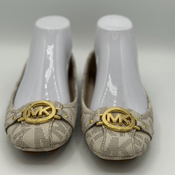 Michael Kors Beige Logo Ballet Flats with Gold MK Emblem - Picture 1 of 11